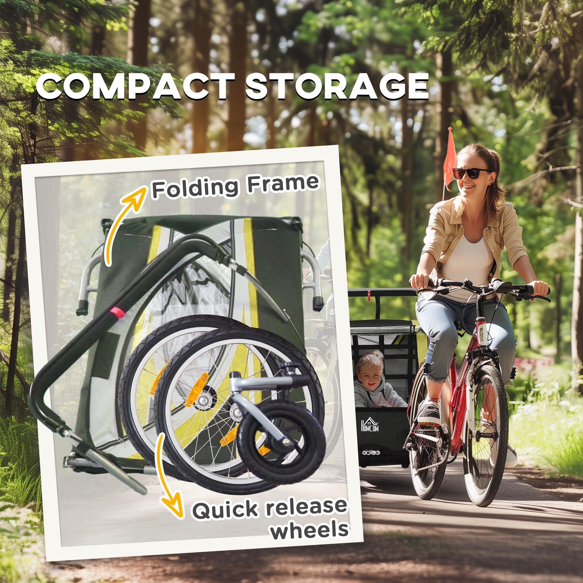 HOMCOM Remolque de Bicicleta para Niños y Silla de Paseo, Diseño 2 en 1 con Freno, Cinturón de 5 Puntos, Carrito Remolque para Bicicleta con Bolsillos Laterales, Catadióptricos y Banderita, Amarillo