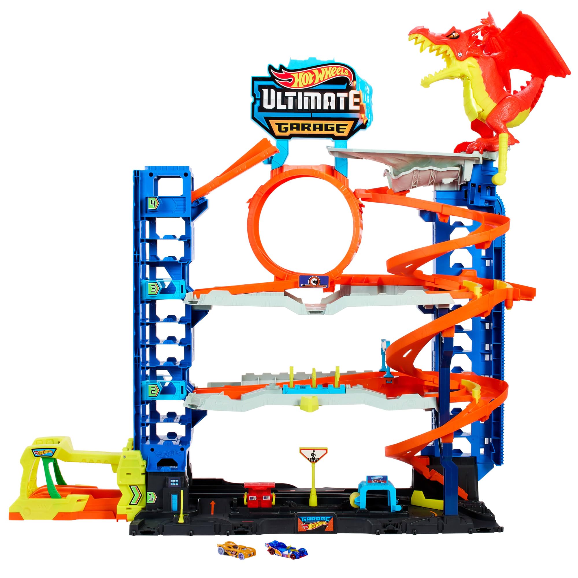 Hot WheelsCity Ultimate Garage Track Set with 2 Die-Cast Toy Cars & Car-Eating Dragon, Stores 50+ Vehicles, 4 Levels