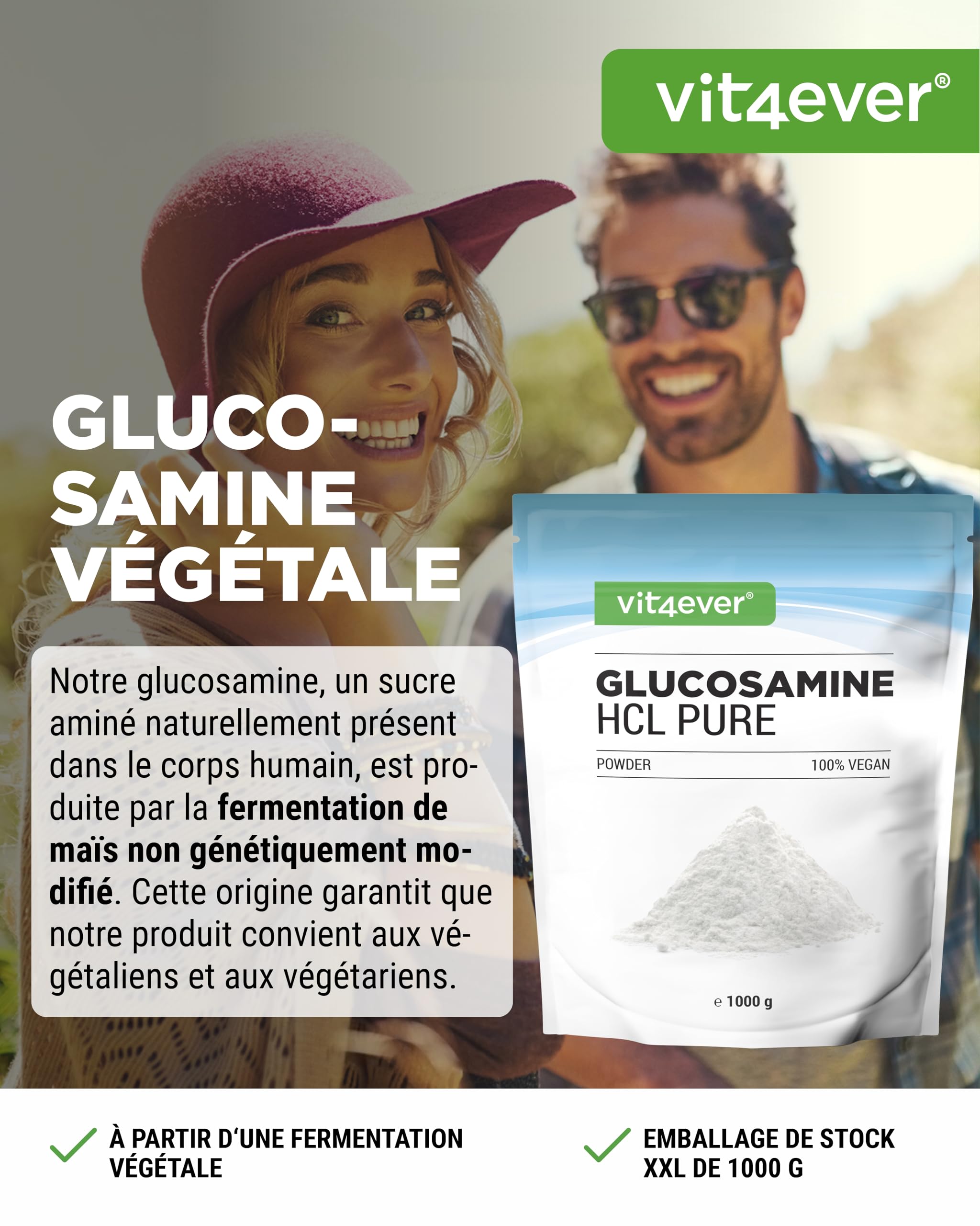 Glucosamine HCL Pure - 1000 g (1 kg) de Poudre Pure sans Additifs - Issue de la Fermentation Végétale - Vegan - Hautement Dosé