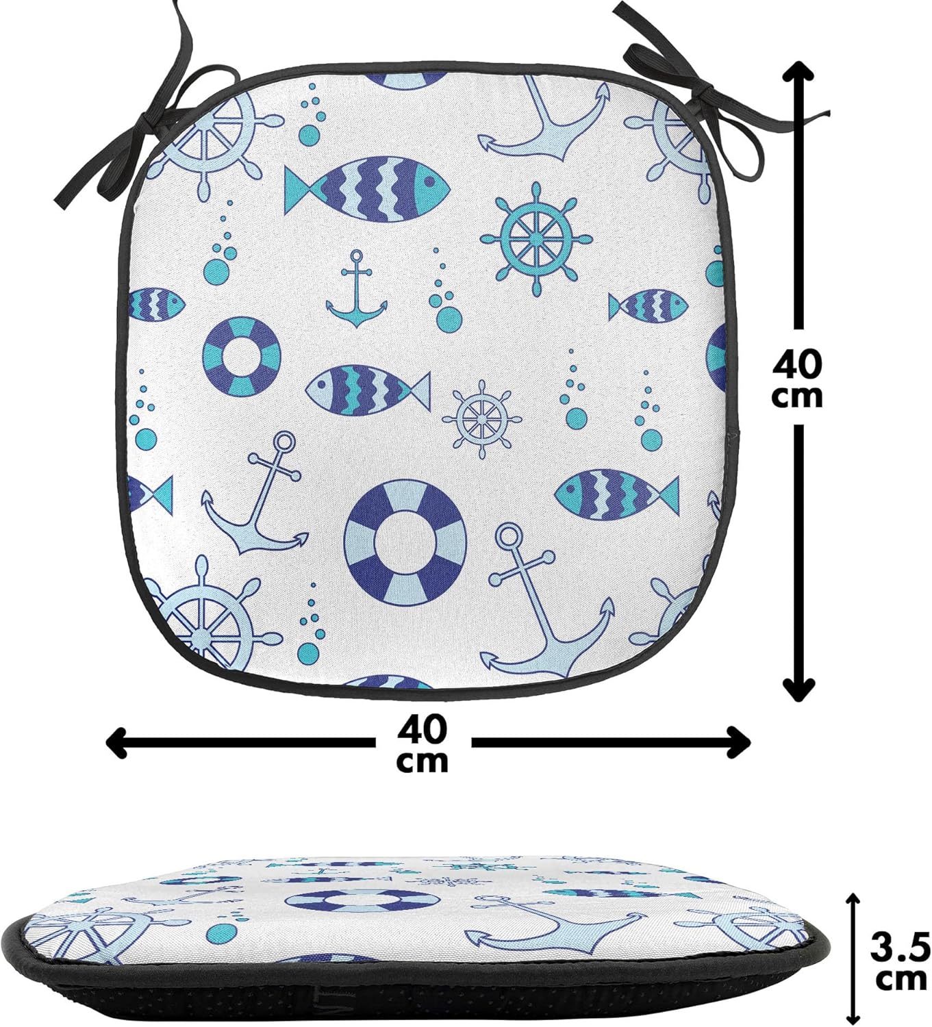 Lunarable Sea Animals Chair Seating Cushion Set of 4, Abstract Nautical Composition Fish Steering Wheel Anchor and Bubbles, Anti-Slip Seat Padding for Kitchen & Patio, 16"x16", Navy Blue Aqua White