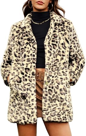 ELLEVEN Womens Faux Fur Leopard Coat Long Winter Coats, Autumn Notch Lapel Jackets with Pockets