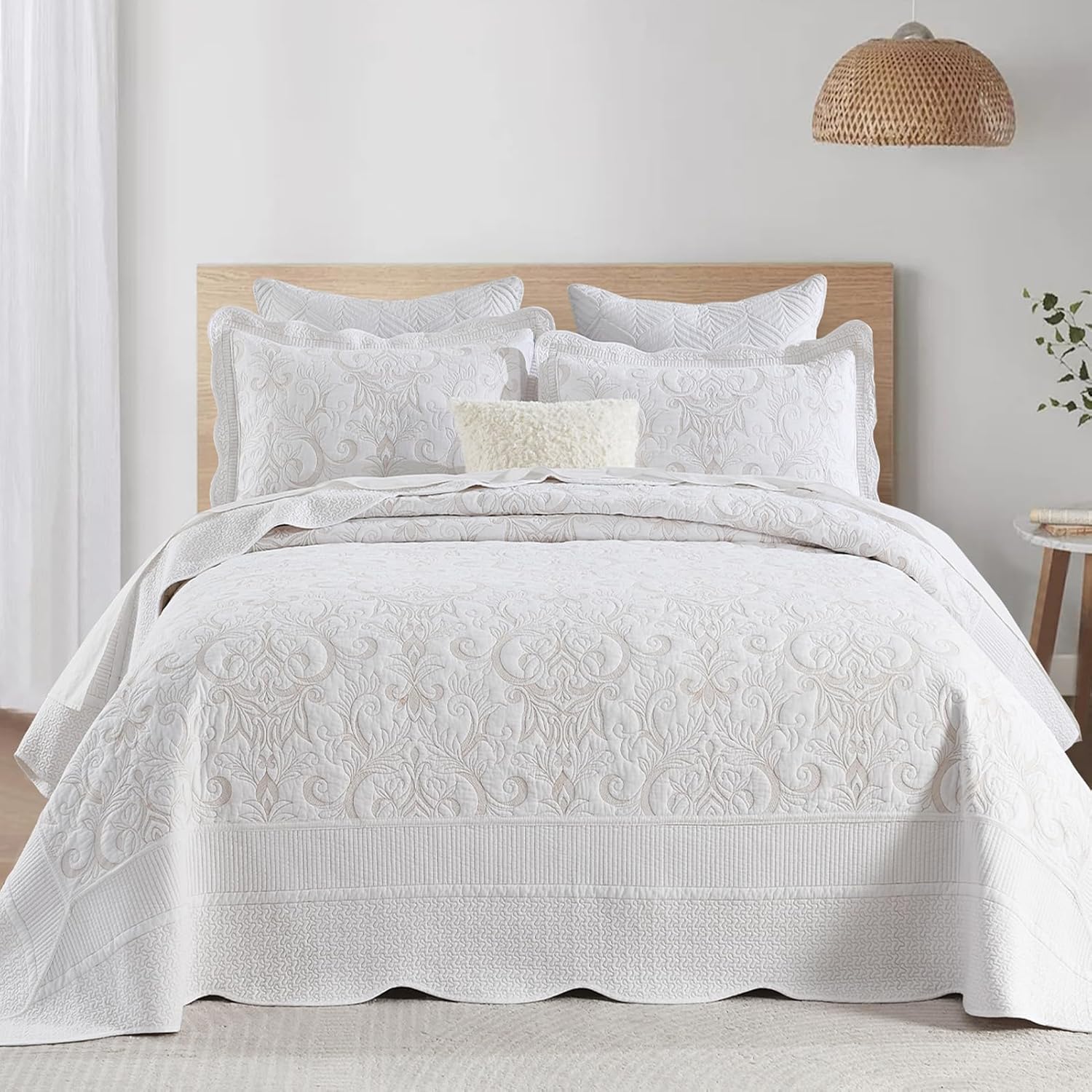 SahSahCasa 100% Cotton 128"x120" Bedspreads, Oversized California King XL Bed Spread Quilt Set, Cal King Quilted Coverlet Extra Large Quilts, Embroidered Damask Pattern Bed Set Lightweight Comforter - Image 2