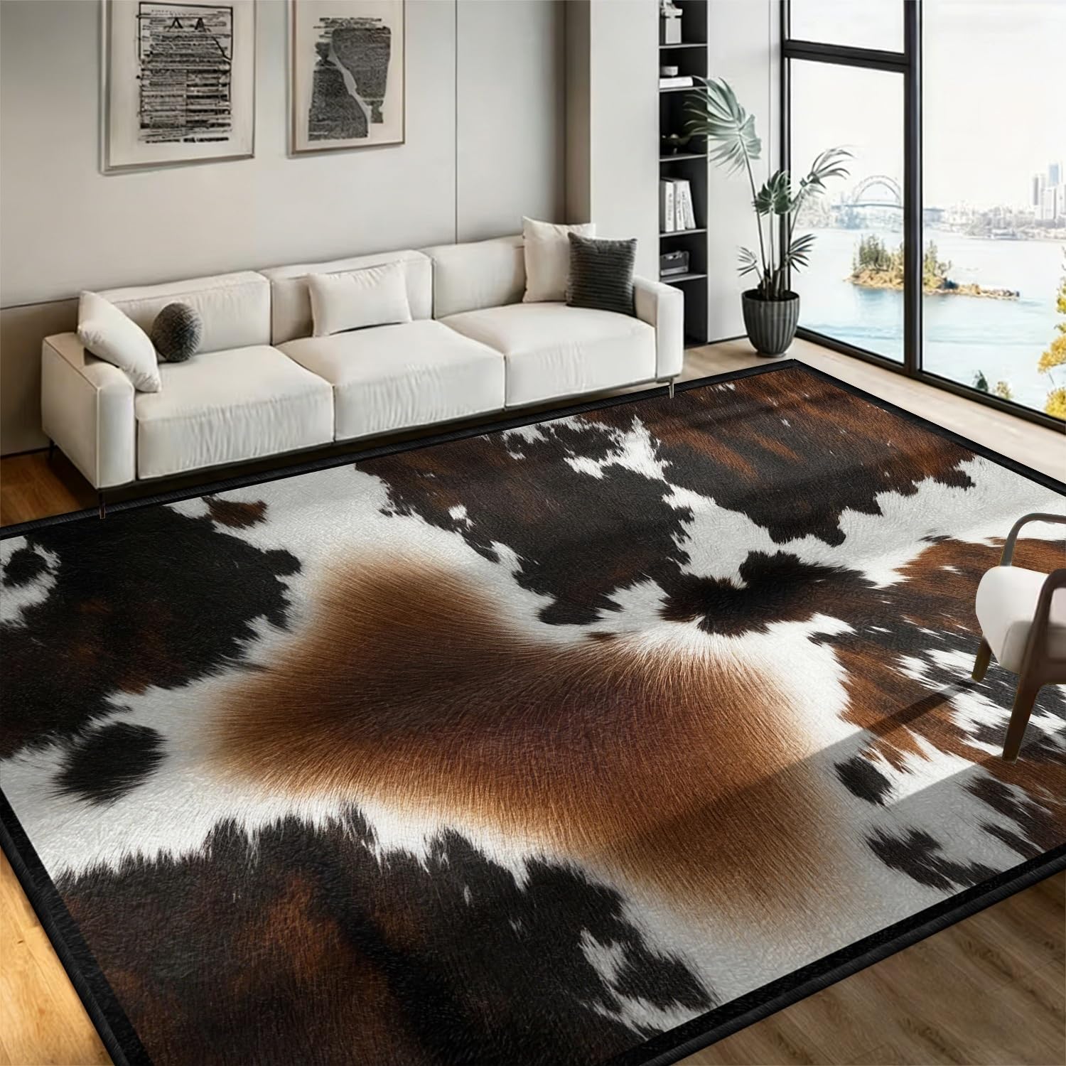 ZCLRUG Cow Rugs for Living Room,160x230cm,Machine Washable Cow Print Rugs,Brown and Black Faux Fur Cowhide Rug，Non-Slip Low Pile Western Rug,for Country Bedroom Farmhouse Cabin Carpet