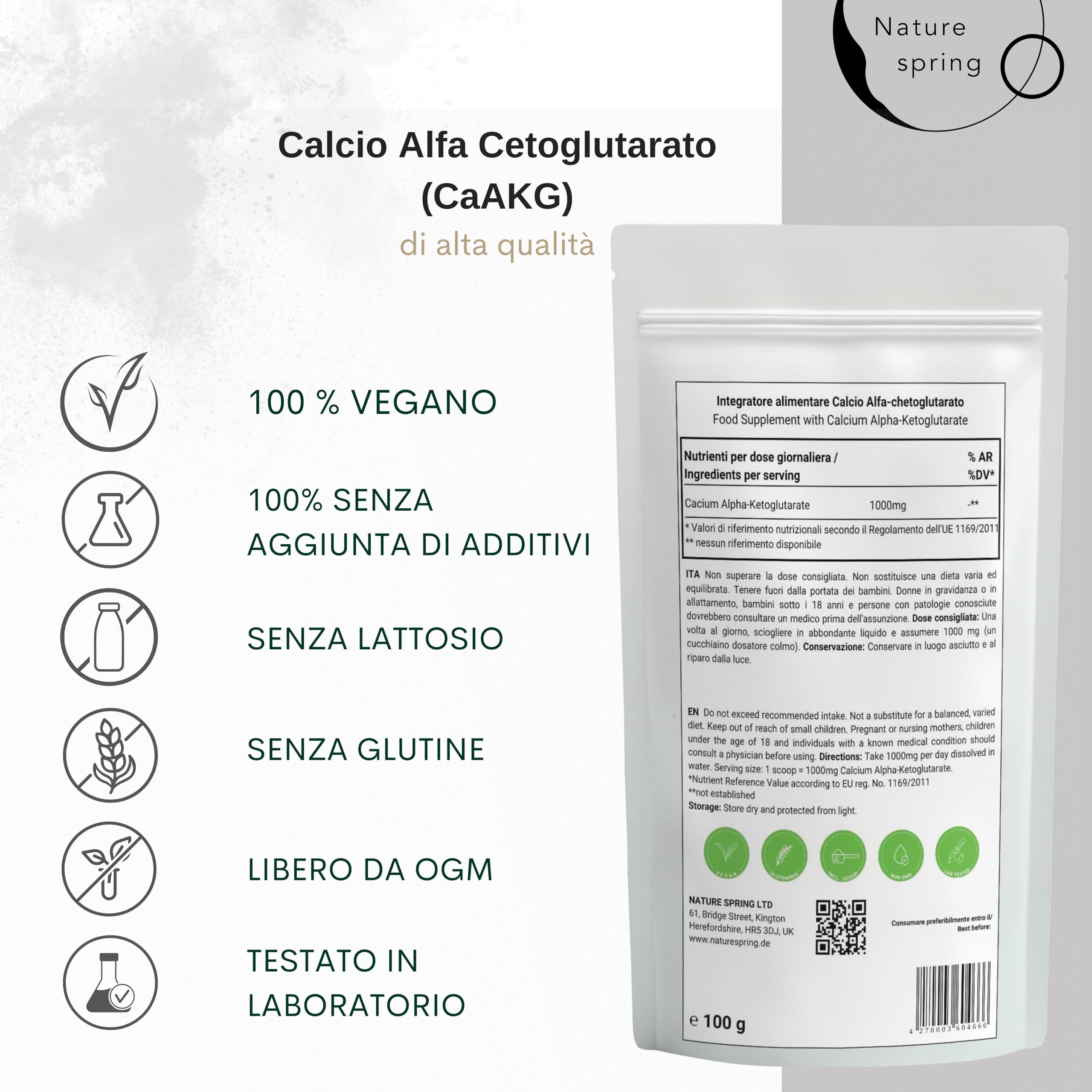 CaAKG Polvere altamente dosato | Pacco da 100 grammi +3,3 mesi | Premium vegano di calcio-alphachetoglutarato | 1000 mg di calcioakg per porzione | Testato in laboratorio in Germania