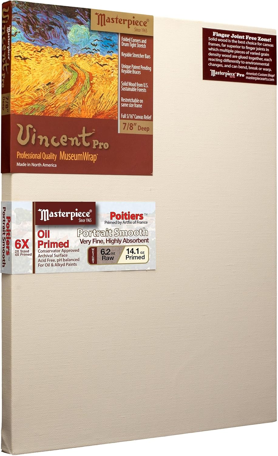 MASTERPIECE Z1VQ-0824 Vincent Pro 7/8" Deep Linen 14.1oz - Poitiers Portrait - Oil Primed Stretched Canvas 8" x 24" 8" x 24" 1 Pack Linen 14.1oz Poitiers Portrait Smooth O/P