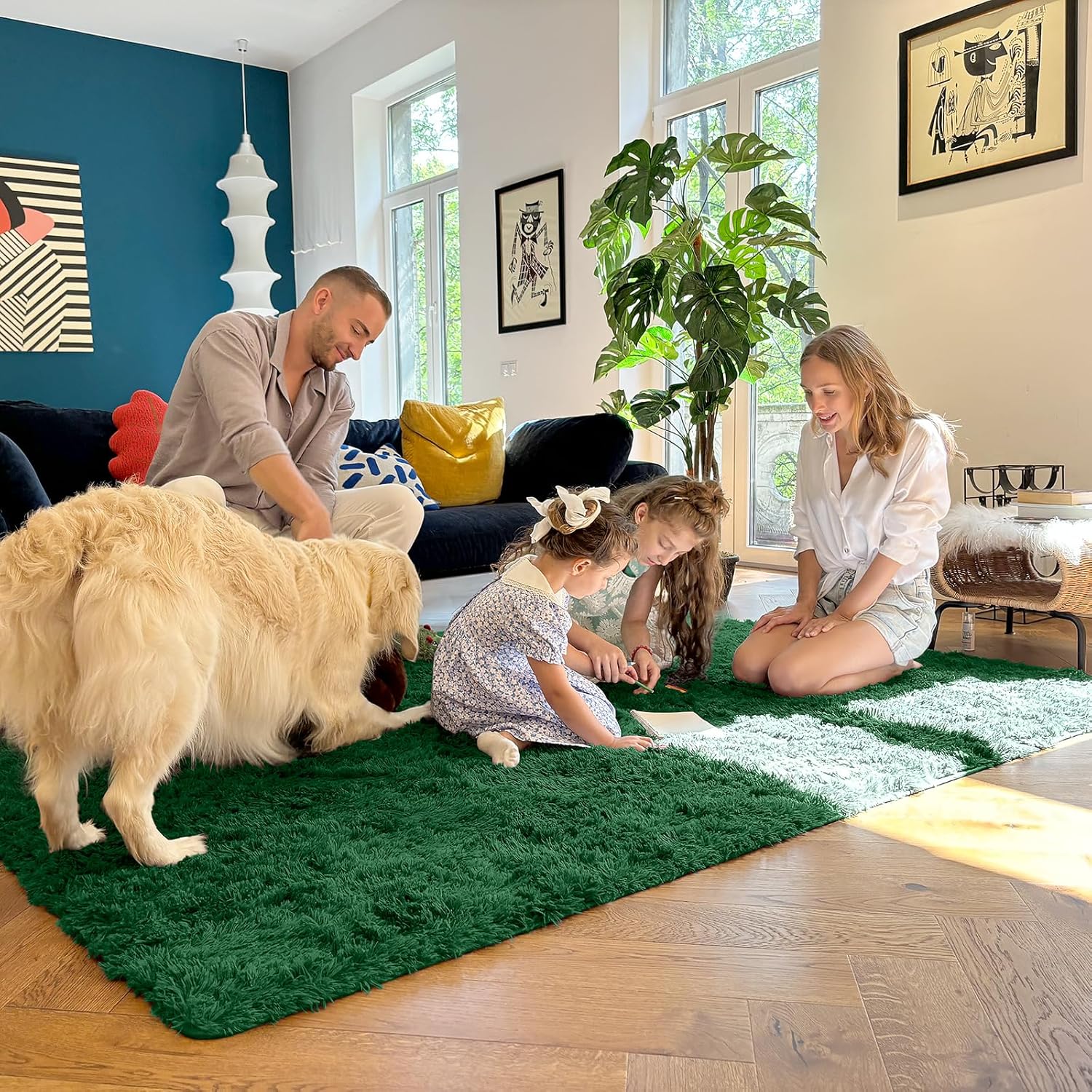 OLANLY Area Rugs for Living Room Bedroom, Machine Washable 4x5.9 ft Soft Fluffy Shaggy Bedside Rug, Indoor Floor Carpet for Kids Girls and Boys, Dorms, Nursery Rooms, Home Decor Aesthetic, Dark Green