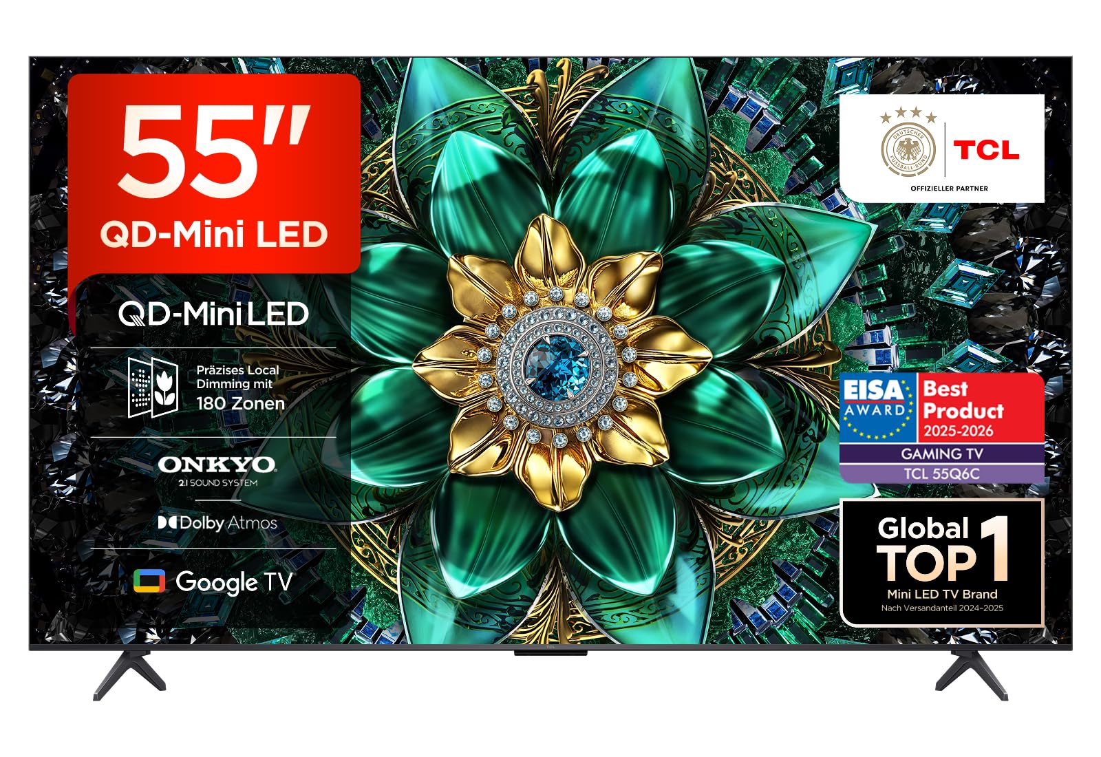 TCL 55Q6C 55 Inch QD Mini LED TV, 4K HDR Premium 1000nits, Smart TV with Google TV (Dolby Vision IQ & Atmos, Onkyo 2.1 Sound System, 144Hz Motion Clarity Pro, Game Master)