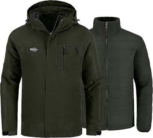 Wantdo Men's Waterproof Snowboarding Jacket 3 in 1 Winter Coats Army Green M