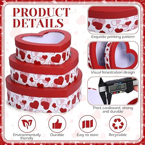 Miniatura 4 de Thenshop 3 cajas en forma de corazón para flores, caja de regalo con tapa, caja de golosinas florales para el día de la madre, boda, cumpleaños,