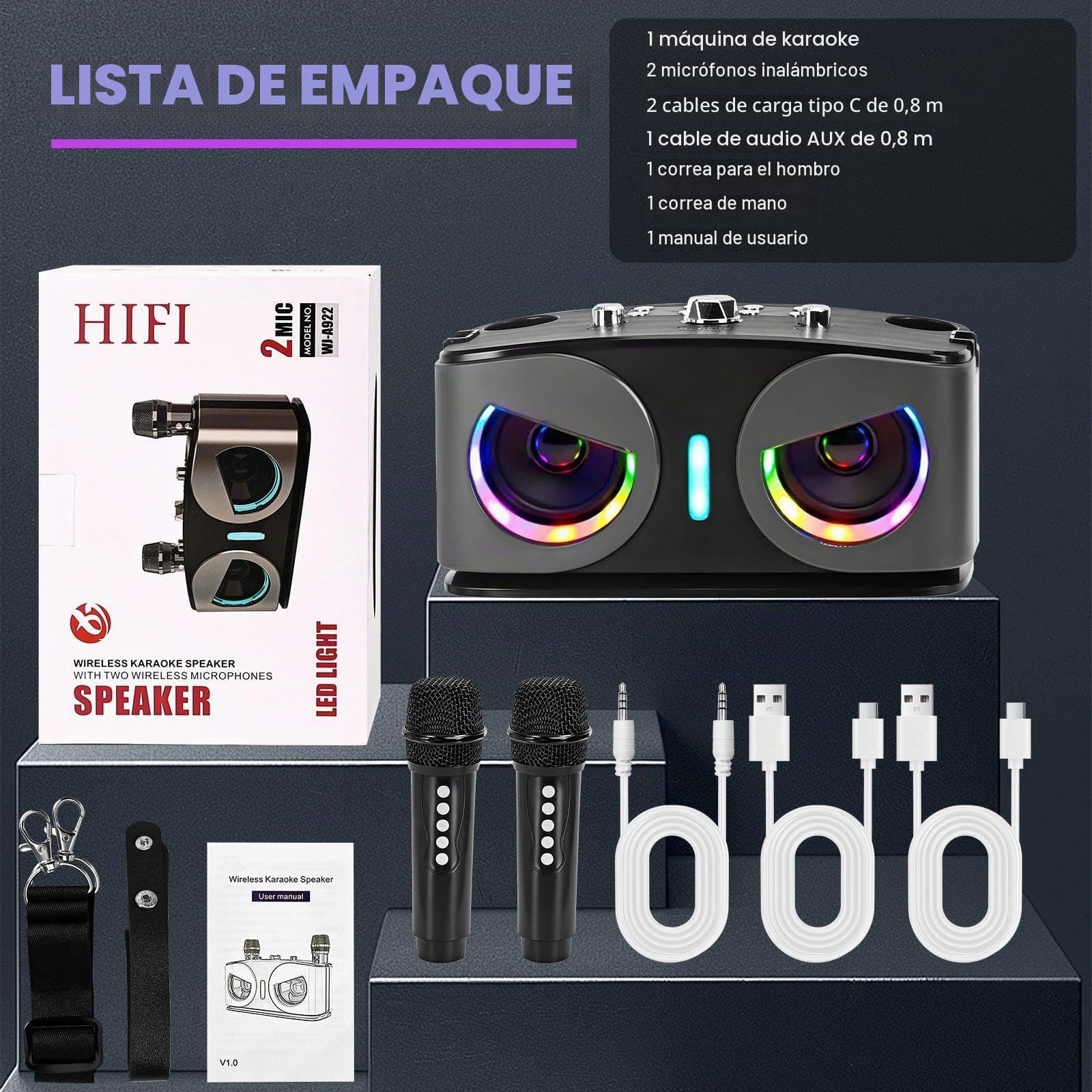 Máquina de Karaoke, con 2 Micrófonos Inalámbricos, Bluetooth 5.3 Sistema de Karaoke Portátil con Luces LED para Fiesta en Casa, al Aire Libre y Boda, Soporta TWS/TF Card/USB/AUX (Negro)