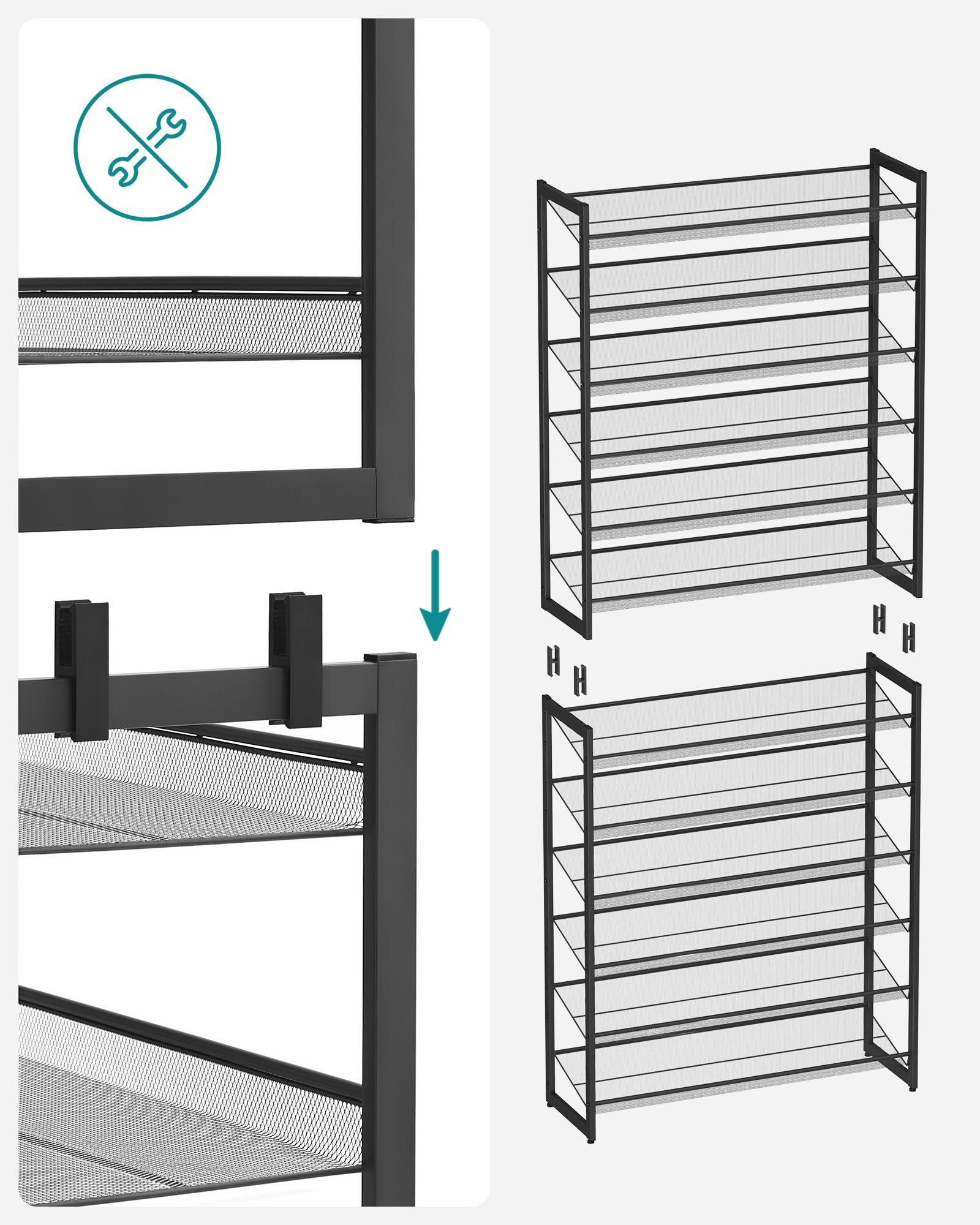 SONGMICS Étagère à Chaussures à 12 Niveaux, Empilable, Étagère de Rangement en Métal, Planches Réglables, 30,7 x 92,5 x 223 cm, 48-60 Paires, Noir LMR12B