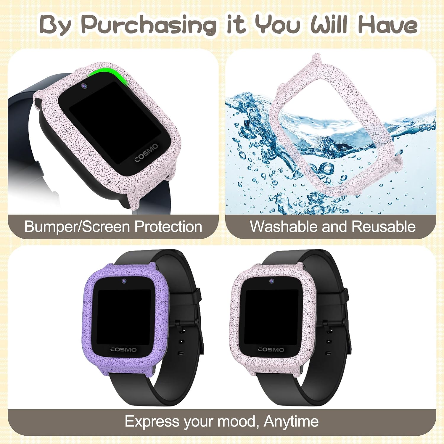 2-Pack for Cosmo JrTrack 5 Kids Smartwatch Edge Protector Case, Drop-Proof Hard Bumper Screen Protector Cover for JrTrack 5 Watch Accessories, Without Screen (Pink+Purple)