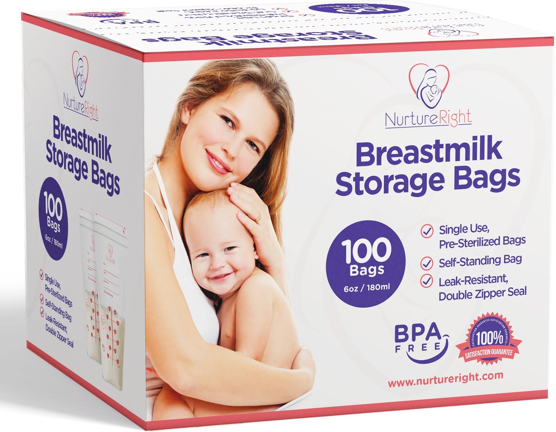 50 Breastmilk Storage Bags - 6oz / 180ml Pre-Sterilized & BPA-Free Bags, Designed for Even and Faster Thawing with Leak Proof Mechanism by Nurture Right