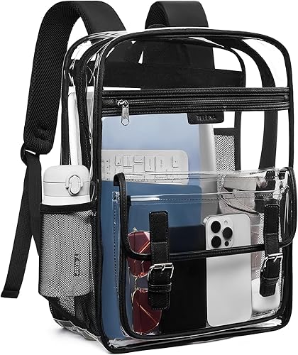 Telena Mochila transparente, mochila transparente de TPU resistente con correa reforzada, bolsa transparente para la universidad, 2-negro, Mochilas