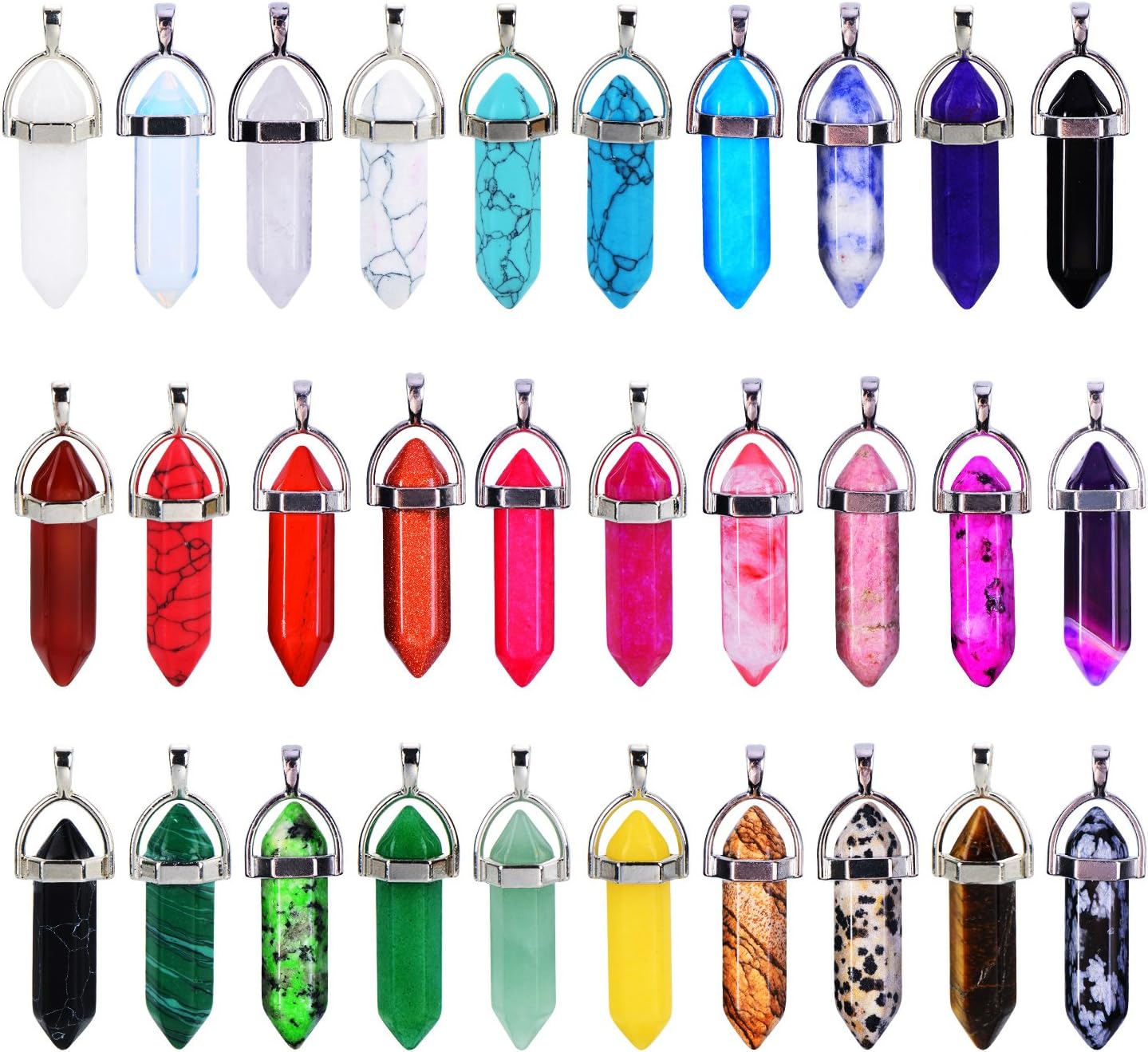 60 Pieces Hexagonal Chakra Pendant Bullet Crystal Pendant Gemstone Pointed Quartz Stone Pendants with Storage Bag (30 Colors)