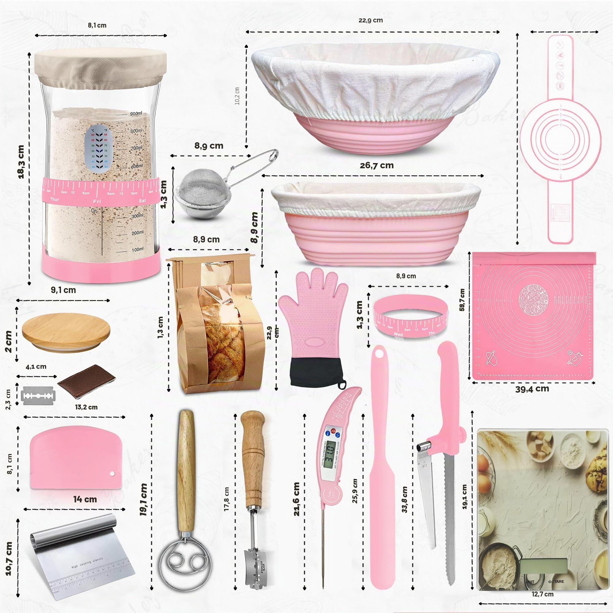 Sauerteig-Starter-Set, Sauerteig-Brot-Backzubehör, 1,2 l Starterglas, 22,9 cm rund und 26,7 cm, ovale Banneton-Brotgärkörbe, Brotbackwerkzeug, Premium, Rosa