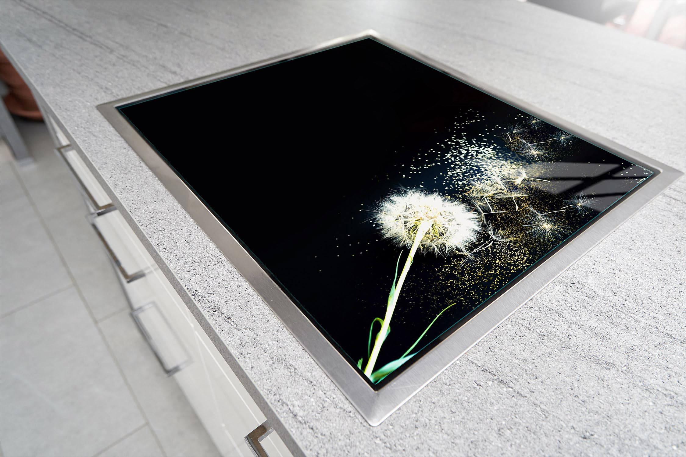 TMK ArtDeko Placa protectora de vitrocerámica 70 x 52 cm 1 pieza cocina eléctrica universal para inducción protección contra salpicaduras tabla de cortar de vidrio templado, diente de león