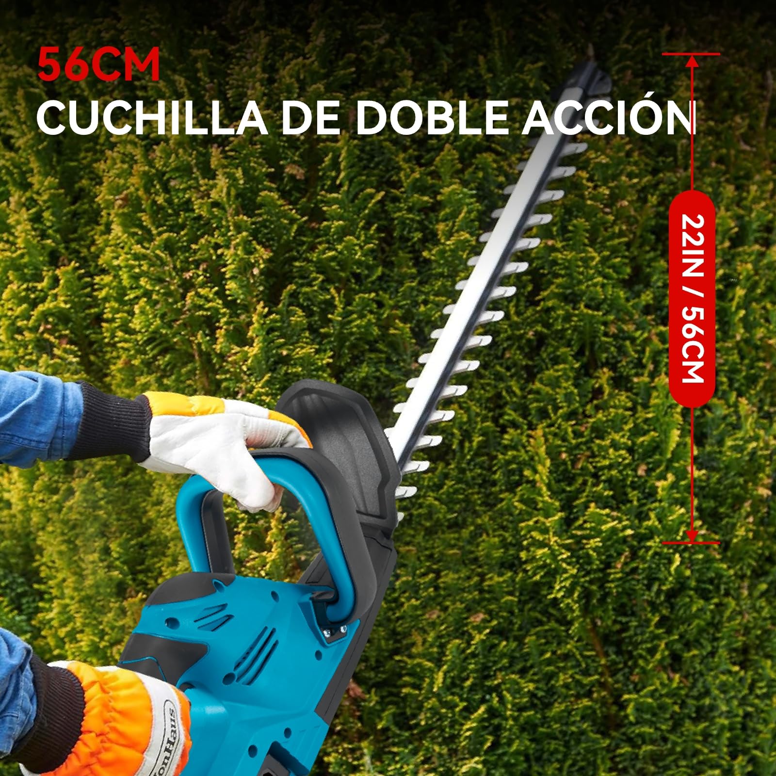 ONEVAN Cortasetos bateria, 500w Cortasetos electrico con batería de 2x3.0ah ed cargadore, 22", Cuchilla de 56 cm, 15mm Entre Dientes, 13000rpm, Cortasetos inalámbricos para arbustos, jardín, césped