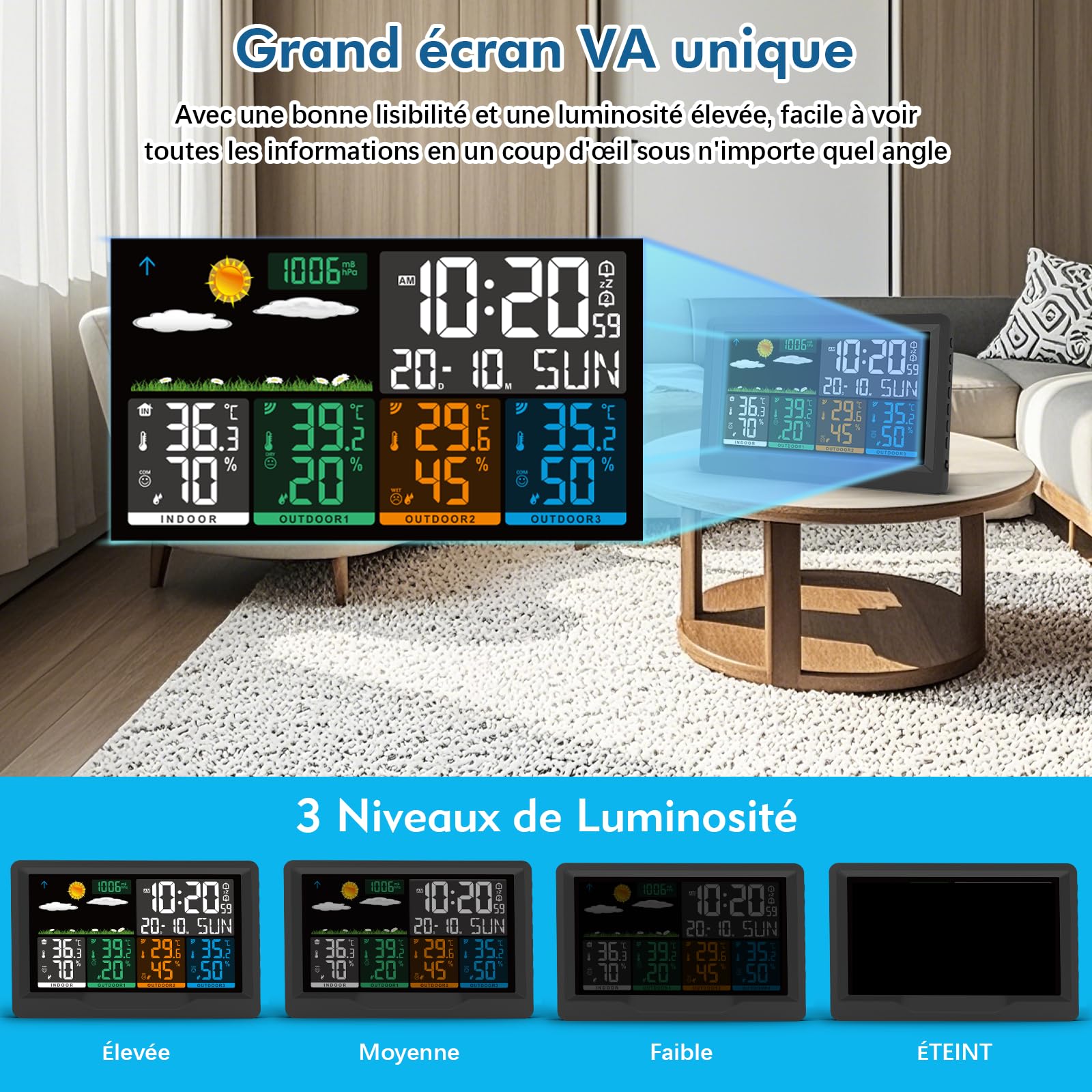 Station Meteo Interieur Exterieur Sans Fil avec 3 Capteurs, Écran Couleur, Station Météo avec Baromètres, Prévisions Météorologiques, Thermomètre Hygromètre, Affichage Température et Humidité, Réveil