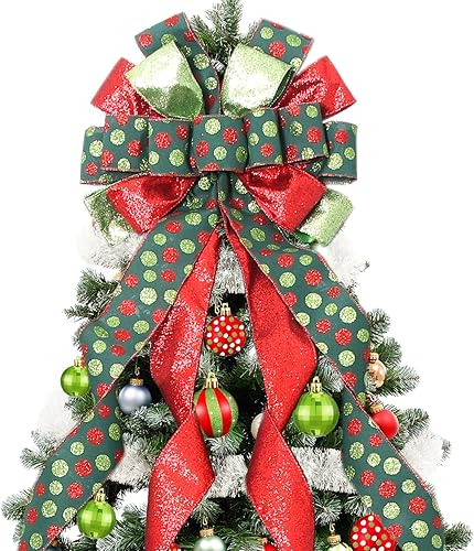Decoración para árbol de Navidad, lazo grande verde para árbol de Navidad, lazo de regalo de poliéster con lunares rojos y verdes, lazo de regalo