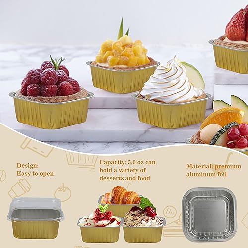 Miniatura 5 de Bakingpak - Moldes de aluminio con tapas, 50 unidades de 5 onzas individuales cuadradas con tapas, tazas desechables de aluminio para hornear, mini