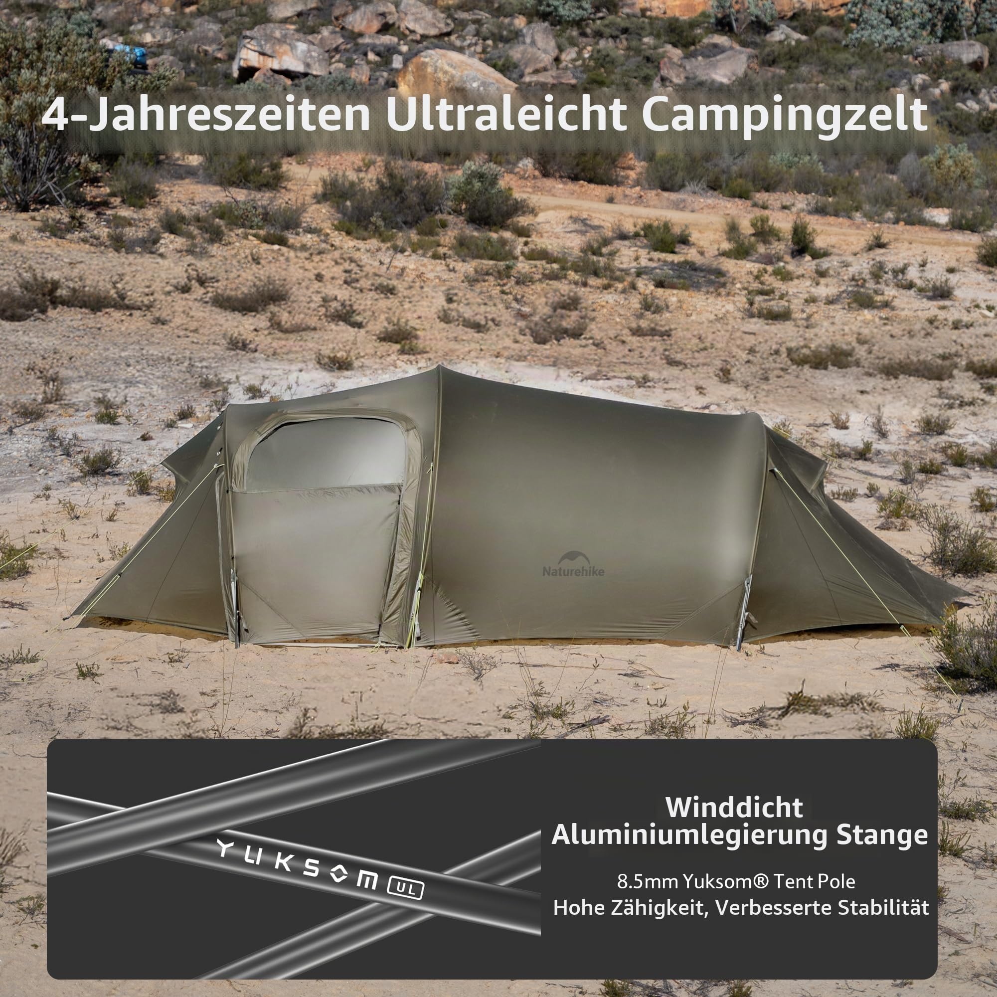 Naturehike Opalus UL Tunnelzelt 2/3 Personen Familienzelt Geräumiges Leichtes mit Markise Zelt 4 Saison Rucksackzelt für Camping Backpacking Outdoor