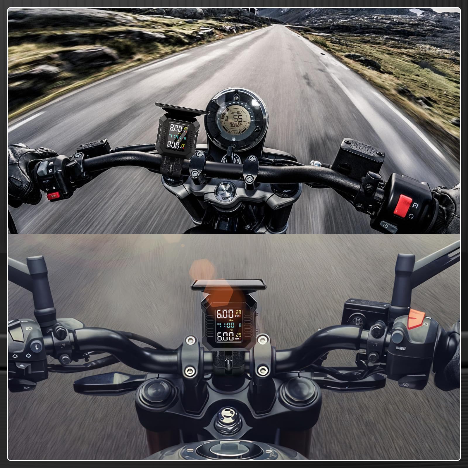 KAOLALI Sistema di Controllo della Pressione dei Pneumatici Moto TPMS Wireless Moto Ricarica Solare/USB TPMS per Moto con Display LCD 2 sensori Esterni Impermeabili