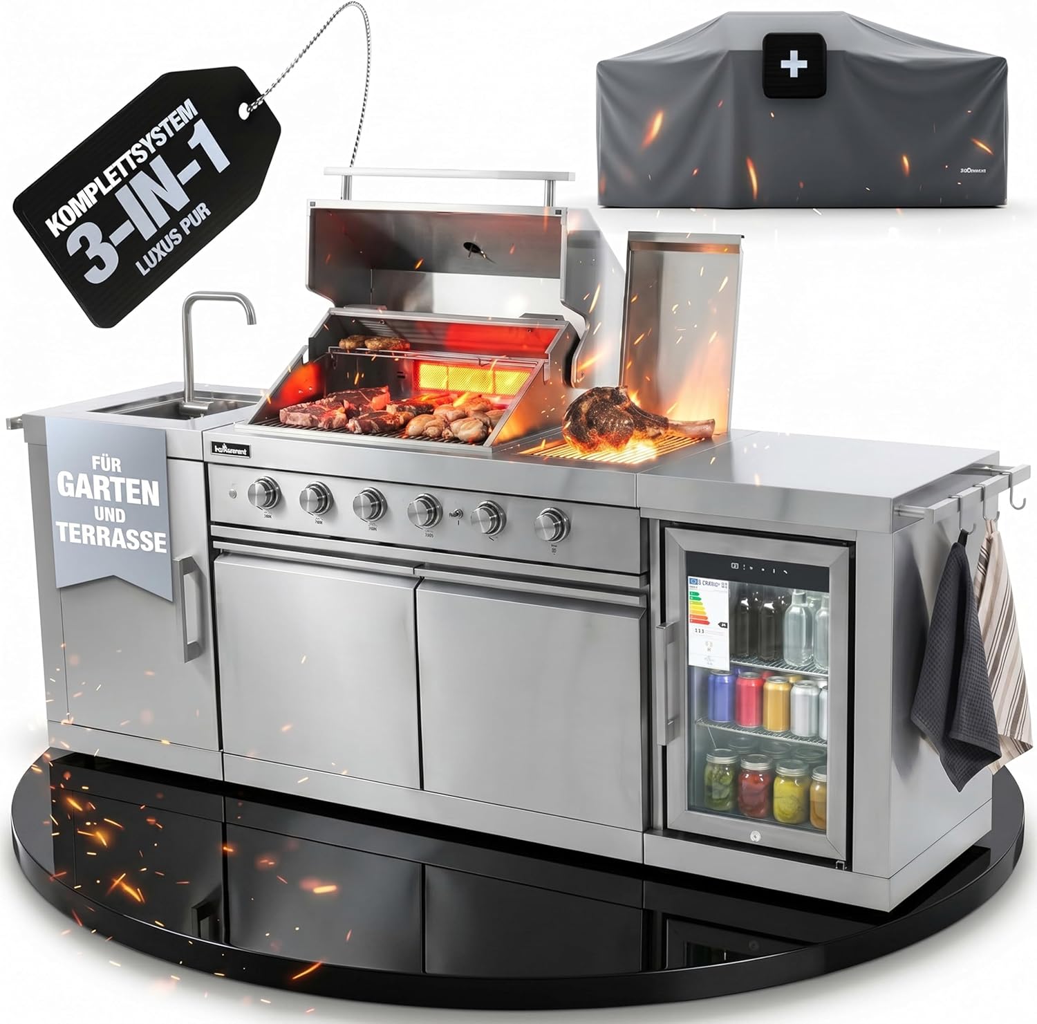 Outdoor Küche Edelstahl 6-Brenner 24,1 kW + Spüle, Kühlschrank