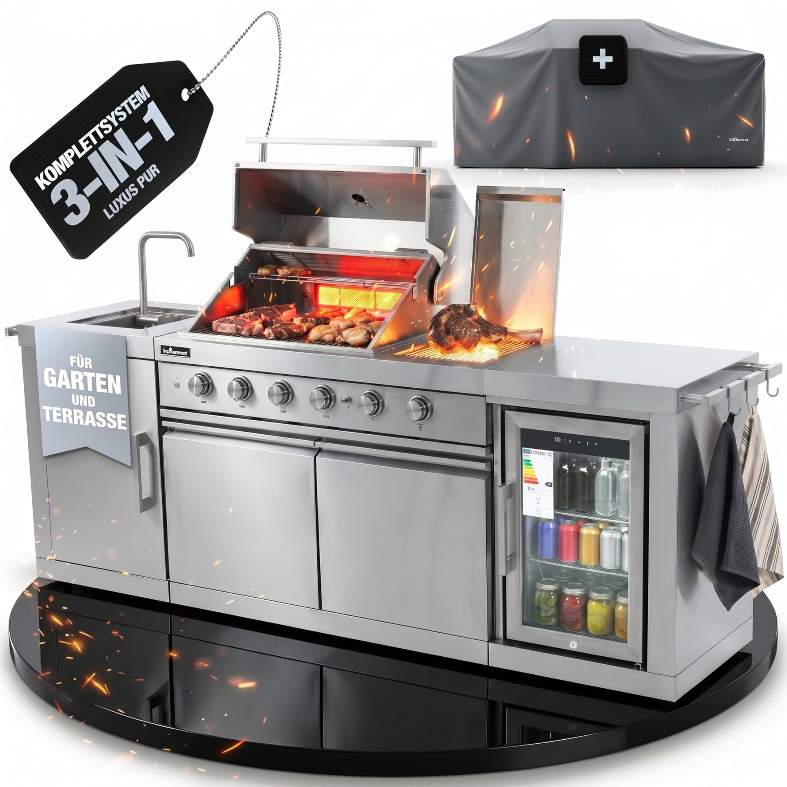 Outdoor Küche Edelstahl 6-Brenner 24,1 kW - Spüle Kühlschrank | inkl. Abdeckhaube, 4x langlebige Edelstahlguss Brenner, Infrarot Seitenbrenner Hot Zone & Backburner, Maße 248x63,5x121 cm