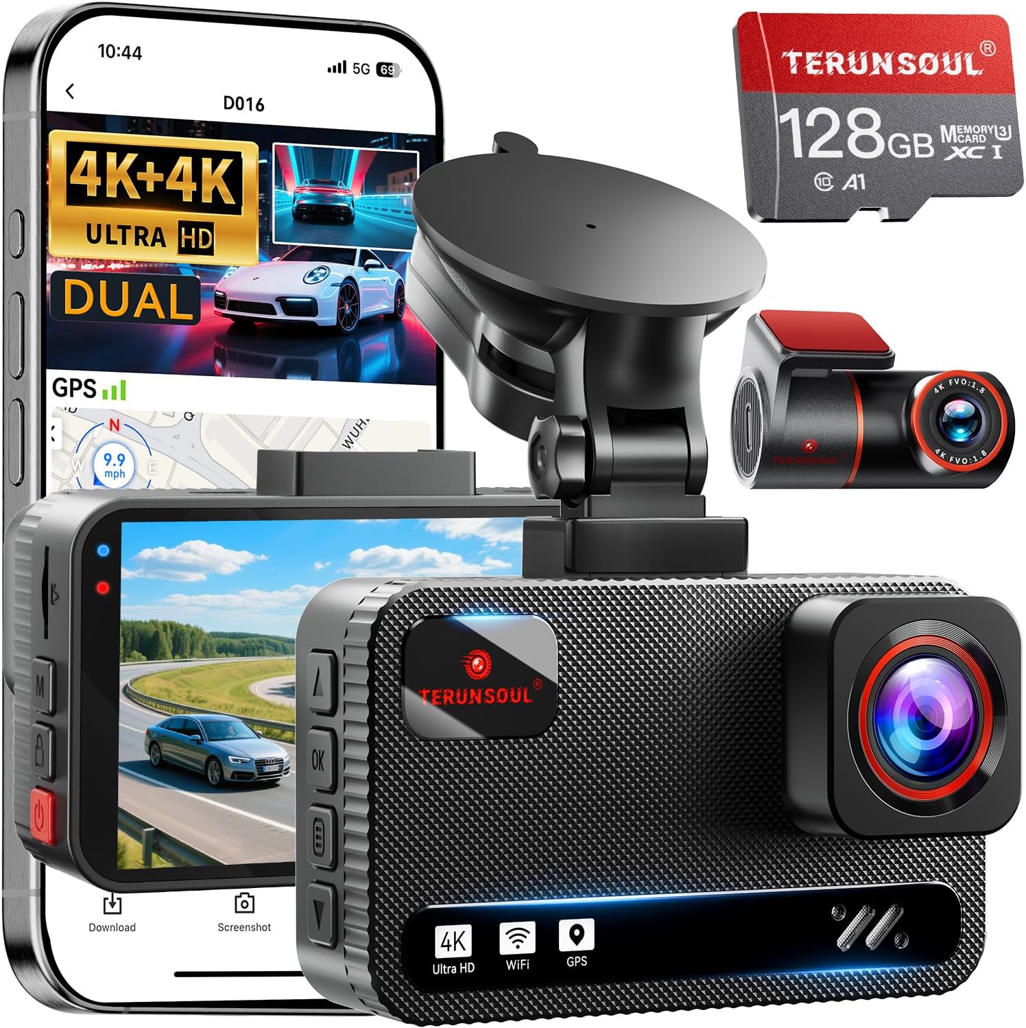 4K+4K Dash Cam Front and Rear, Free 128GB Card Included, 5.8GHz WiFi Dash Camera for Cars, Built-in GPS, G-Sensor, 170°Wide Angle, 3″ IPS Screen, 24H Parking Mode, Support 512GB Max 4K+4K Dash Cam Front and Rear, Free 128GB Card Included, 5.8GHz WiFi Dash Camera for Cars, Built-in GPS, G-Sensor, 170°Wide Angle, 3″ IPS Screen, 24H Parking Mode, Support 512GB Max