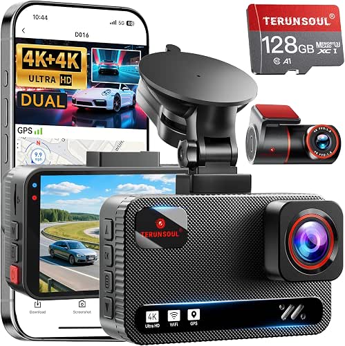 4K+4K Dash Cam Front and Rear, Free 128GB Card Included,