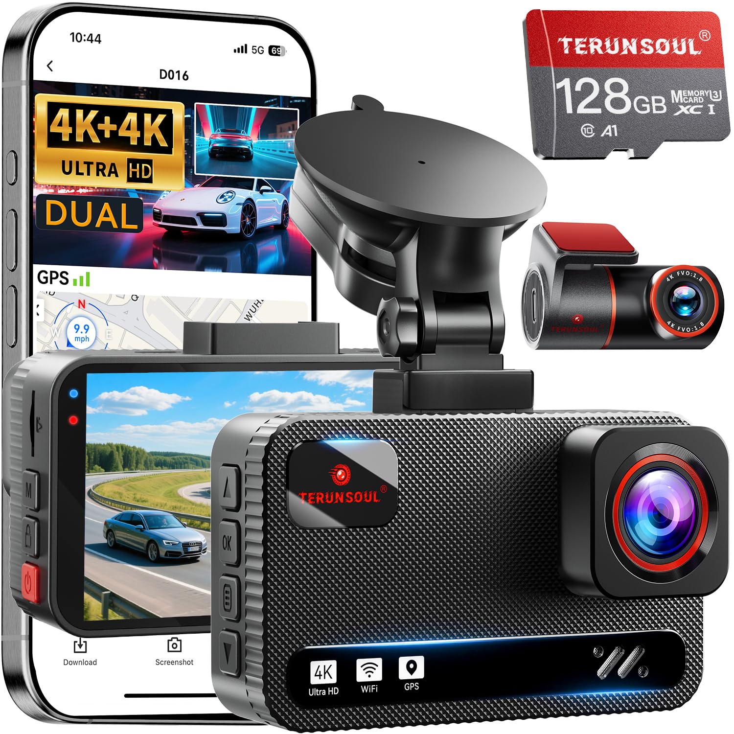 4K+4K Dash Cam Front and Rear, Free 128GB Card Included, 5.8GHz WiFi Dash Camera for Cars, Built-in GPS, G-Sensor, 170°Wide Angle, 3" IPS Screen, 24H Parking Mode, Support 512GB Max