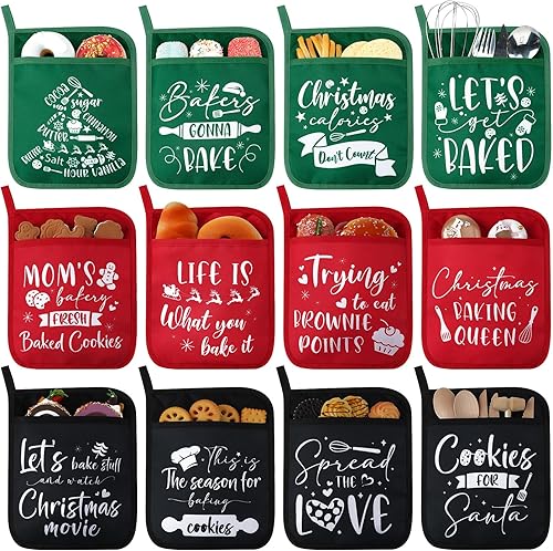Layhit 12 soportes para ollas de Navidad con bolsillo para horno, adornos para macetas, bolsa de galletas para hornear, cocinar, regalo de