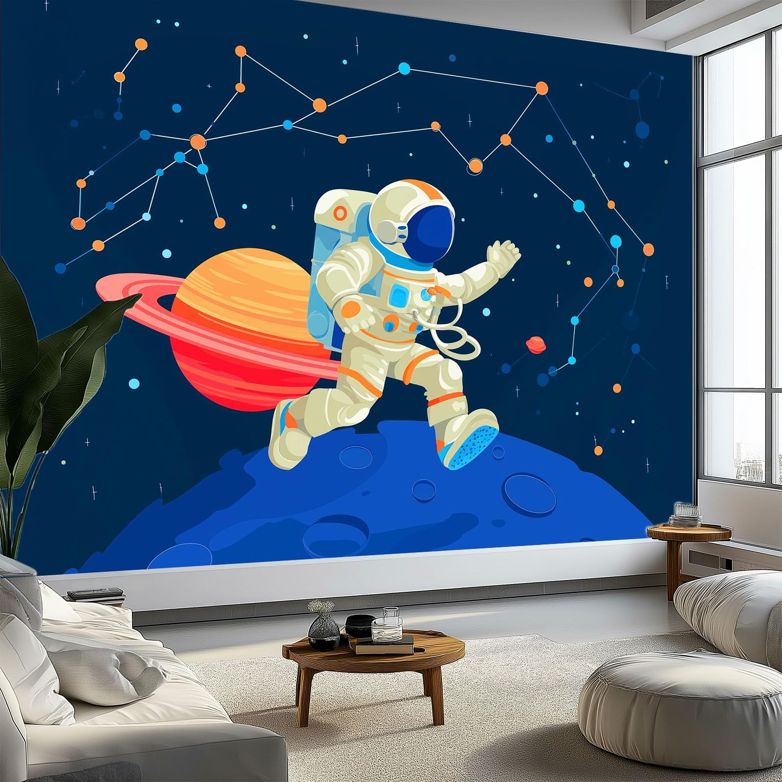 Fototapeta z włókniny, styl kreskówkowy, tapeta 200 x 140 cm (szer. x wys.), nowoczesna tapeta z włókniny, efekt 3D, dekoracja ścienna, księżyc, astronauta, gwiazdy, tapeta ścienna, tapeta ścienna