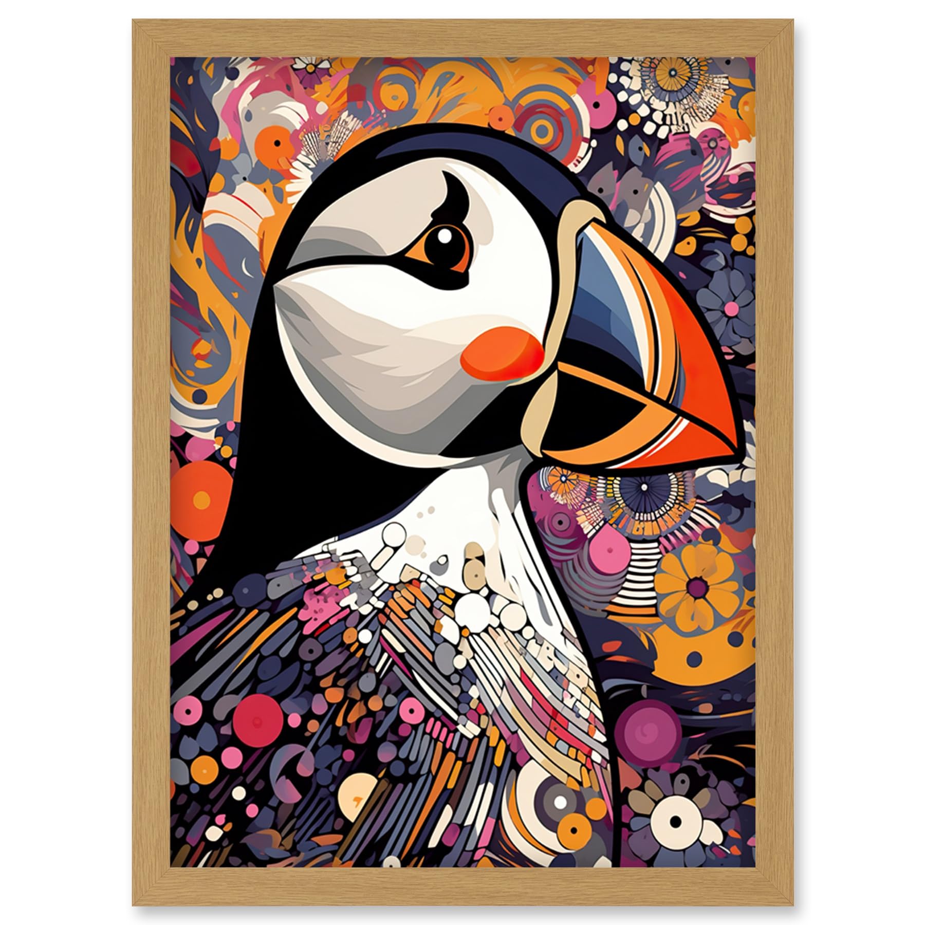 Artery8 Puffin Bird Geometric Patterns Colourful Busy Bright Psychedelic Modern Maximalist Artwork Framed Wall Art Print A4