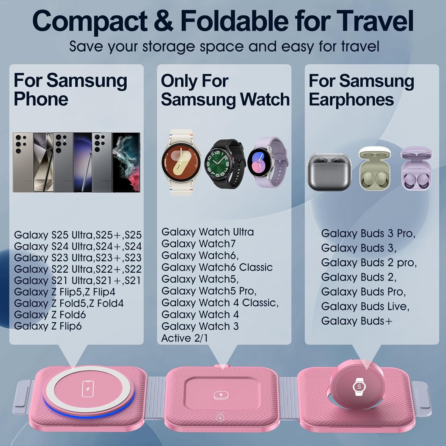 Foldable 3 in 1 Wireless Charger for Samsung Multiple Devices, Travel Wireless Charging Station/Stand for Galaxy S25 Ultra/S24/Z Fold Flip 6/5, Charger Dock Stand for Samsung Watch 7, Buds Pro3（Pink） - Image 2