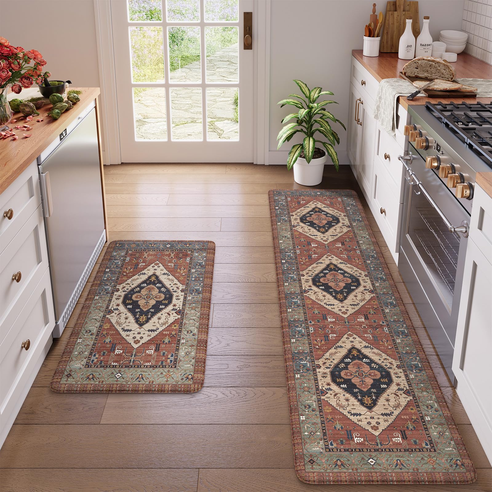 KIMODE Anti Fatigue Kitchen Mats for Floor 2 Piece, Farmhouse Kitchen Rugs, Non Slip Waterproof Kitchen Floor Mats, Memory Foam Standing Mats for Sink