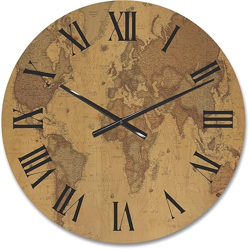 Reloj de pared de madera vintage 'Ancient World Map III', color marrón, 23 x 23 pulgadas (CLW35399) Reloj de pared decorativo grande con mapa,