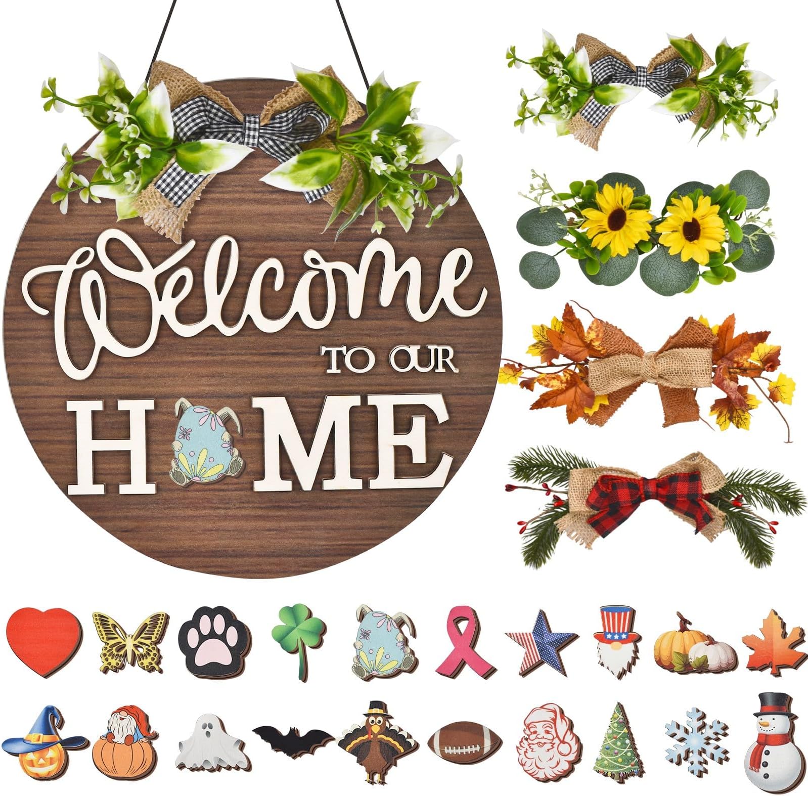 Welcome Sign for Front Door, Interchangeable Welcome Sign with 4 Seasonal Wreaths & 20 Customizable Icons, Rustic Wooden Welcome Home Sign - Christmas Door Decorations Farmhouse Decor and Housewarming