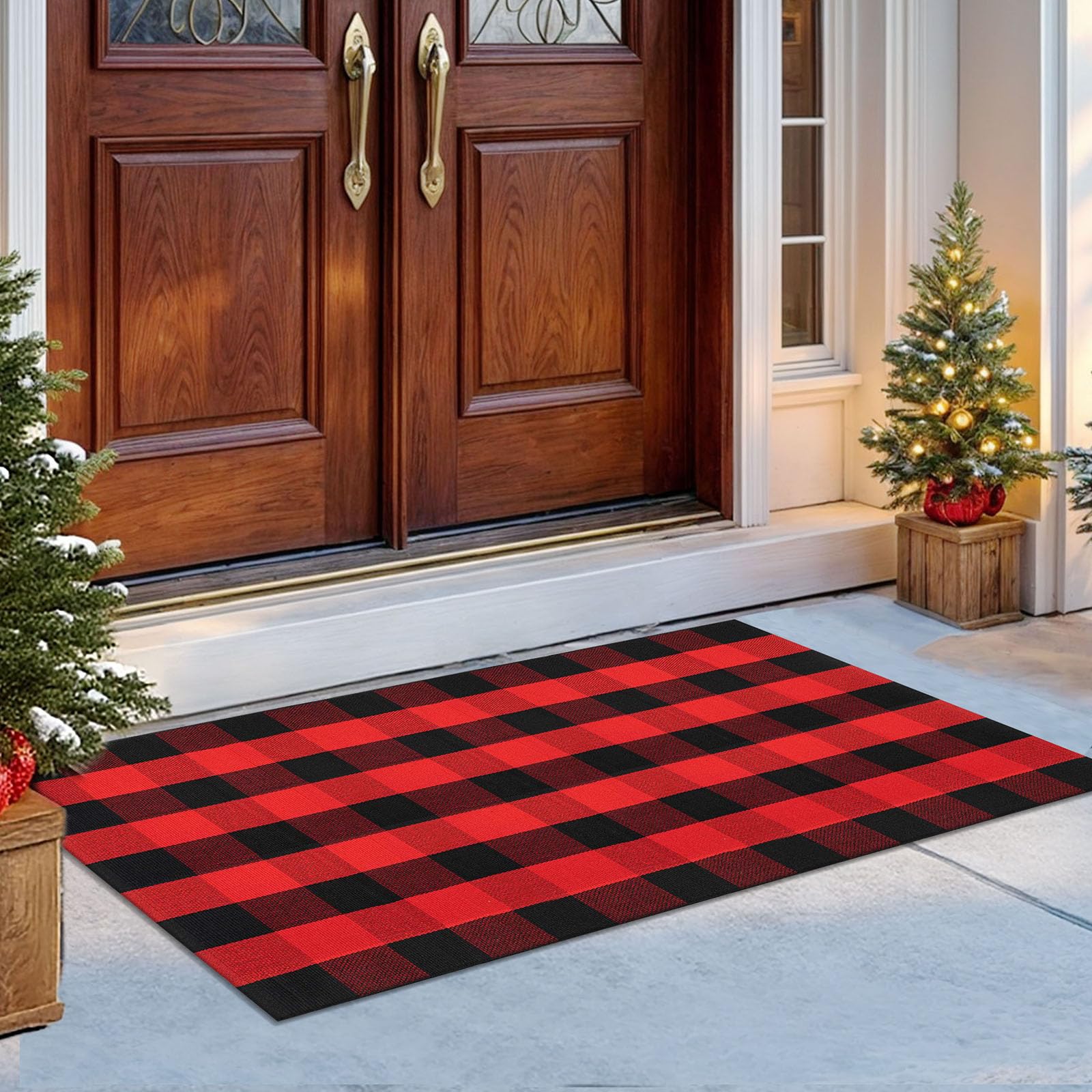 IOHOUZE Christmas Buffalo Plaid Rug 3x5 Ft Outdoor Indoor Doormat Red Black Check Washable Area Rug Woven Cotton Checkered Front Porch Mat Christmas