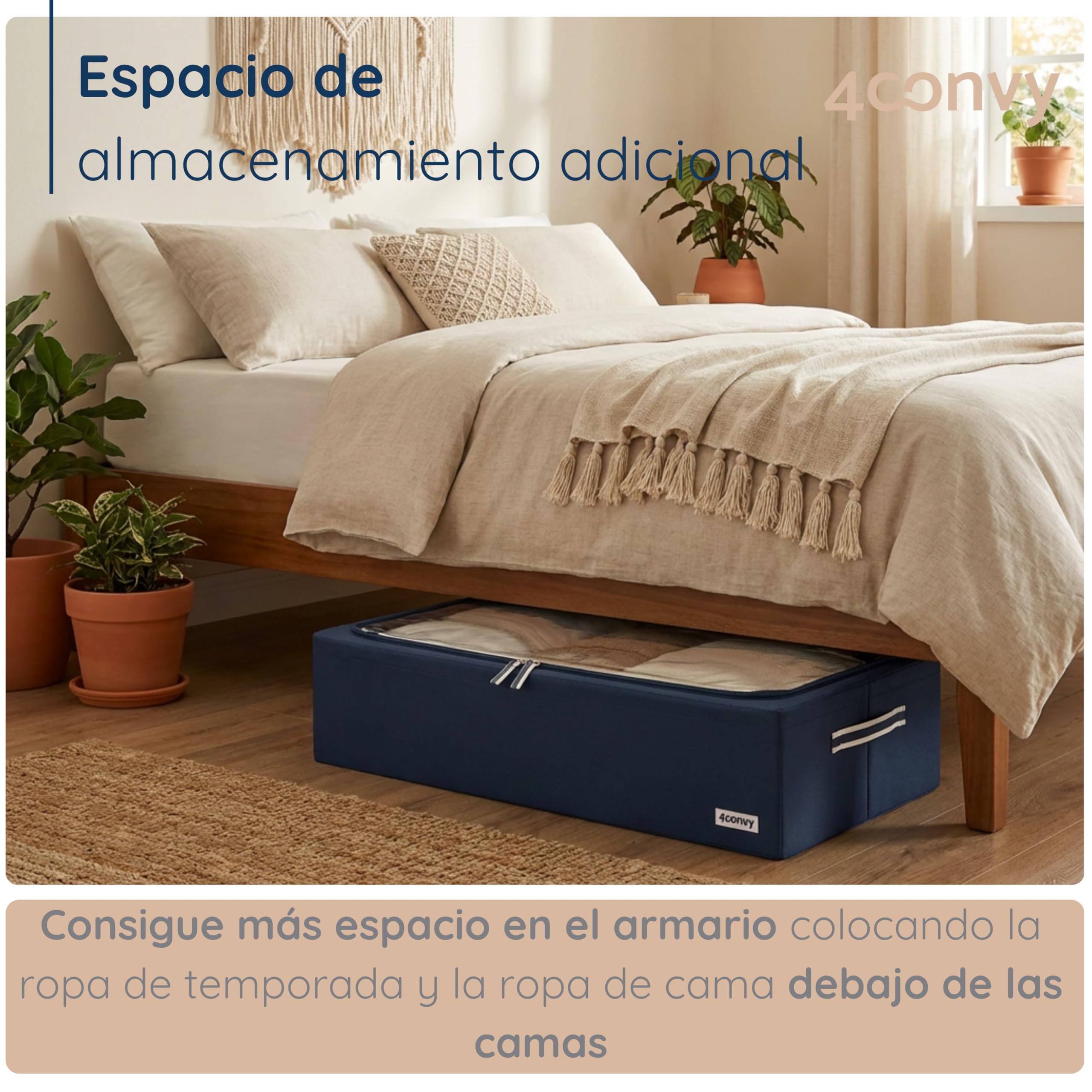 4CONVY Cajas de Almacenaje debajo de la cama con Cremallera y Marco de Metal - Bolsas para Guardar Ropa, Mantas y Edredones con Ventana Transparente - Cajas Organizadoras de Ropa Apilable - 2x68L