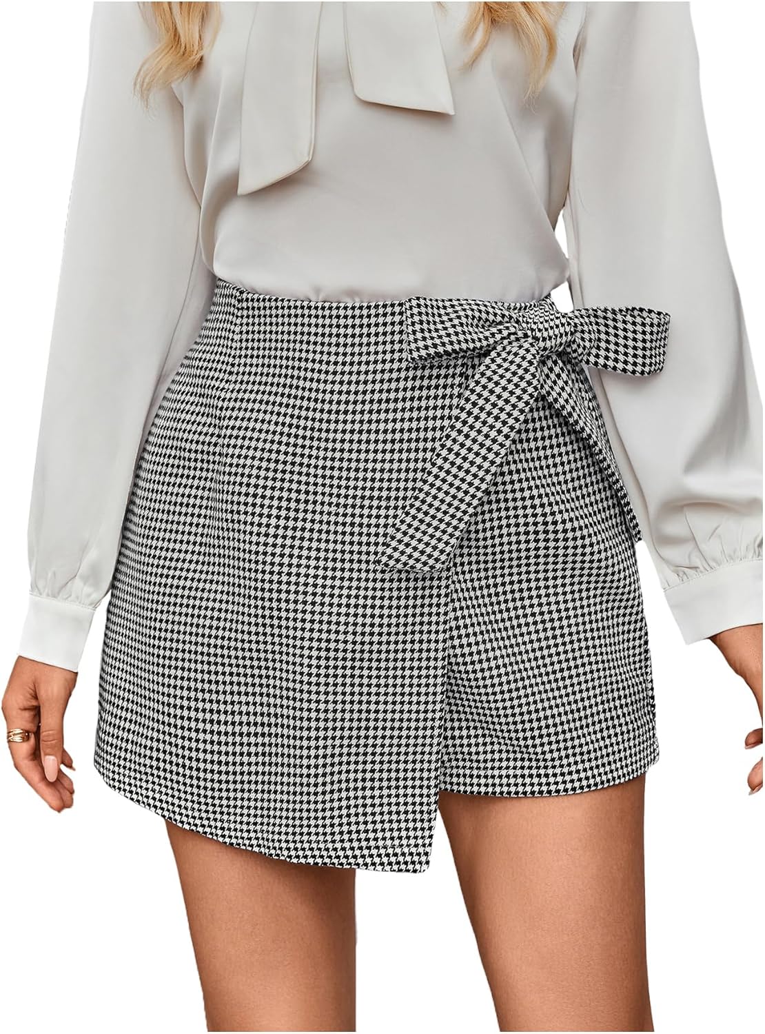 Floerns Women's Houndstooth Print Tie Front Skorts Asymmetrical Hem High Waist Skirt Shorts