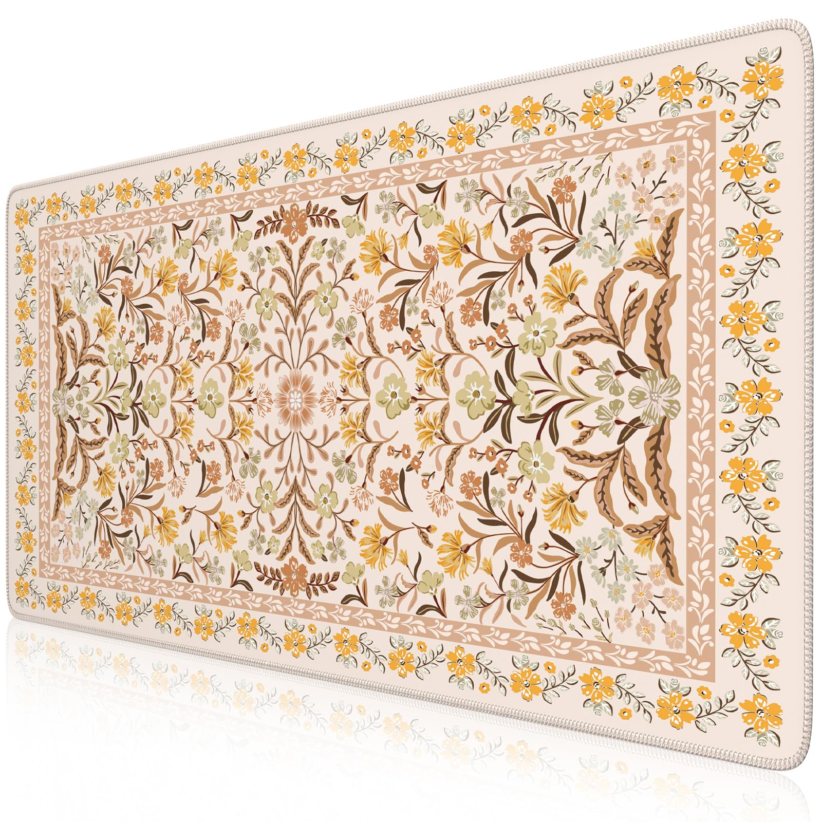 iCasso Desk Matt for Desktop, Cute Desk Pad Mat, XXL Large Mouse Pad, Anti-Slip Big Mousepad with Stitched Edges, Keyboard Pad Mouse Mat for Computer (Yellow Floral)