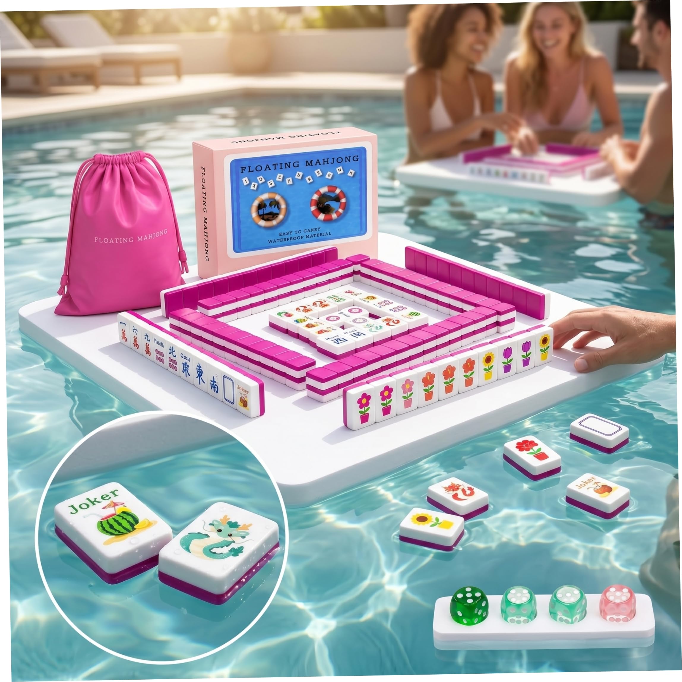 Schwimmende Mahjong-Fliesen | Pool-Mahjong-Set, schwimmende Fliesen mit komplettem Strand-Zubehör für Schwimmbrett-Wasserspiel, Sommer-Strandparty, Rosenrot