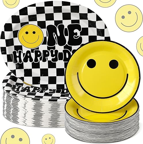 100 piezas de decoración de cumpleaños de One Happy Dude Smile, suministros de fiesta desechables de 10 x 12 pulgadas, platos de One Happy Dude con