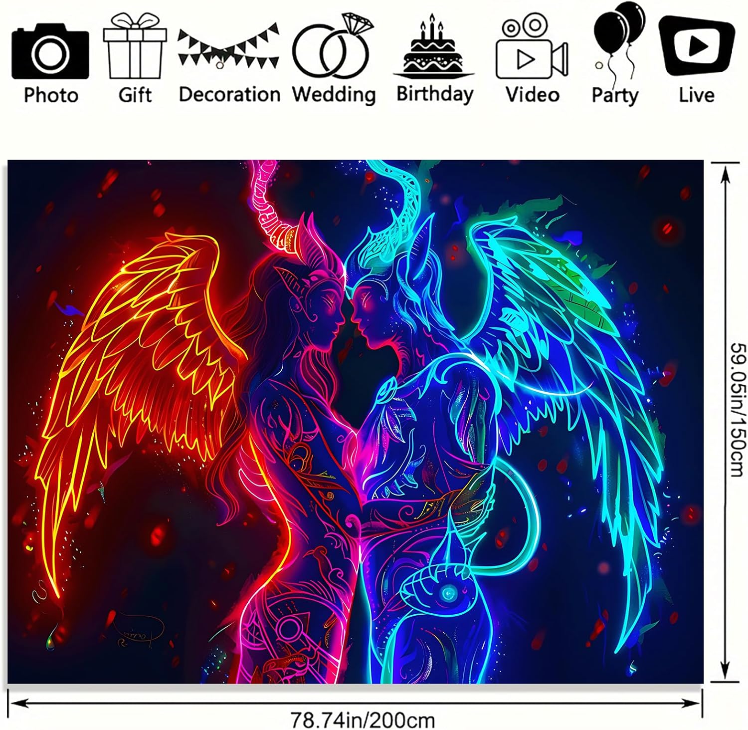 UV Reactive Blacklight Tapestry 79 x 59 Inch, Neon Angel Demon Couple Wall Hanging, Fluorescent Luminous Wings Wall Art, Easy to Hang Decor for Bedroom Gaming Room Party(Double-winged couple)