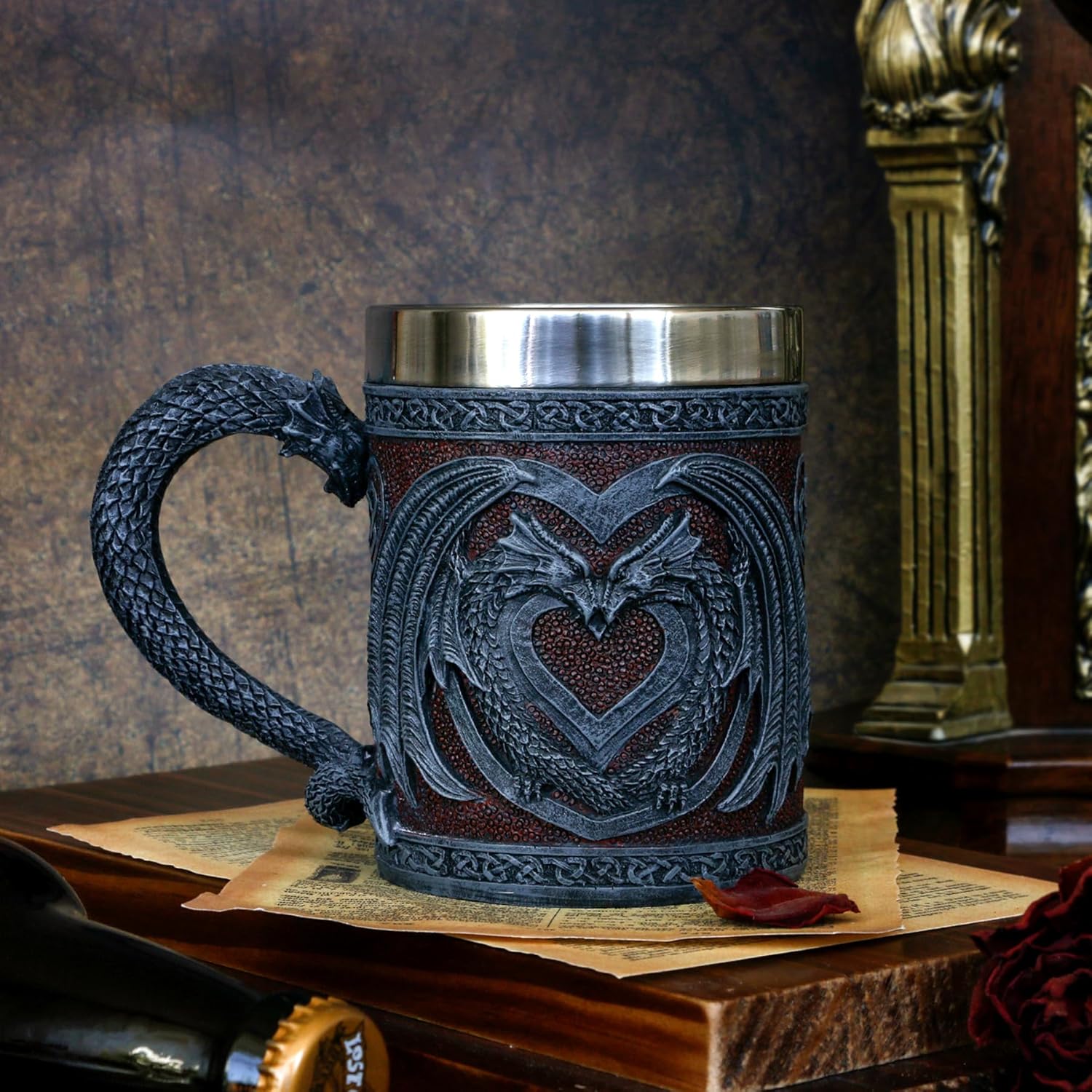 alikiki Medieval Double Dragon Coffee Mug - 15.8oz Valentines Game Mug of Throne Dungeons and Dragons Gift for Men Women Wedding Stainless Steel DnD Cup Dragon Collector Themed Party Decorations - Image 9