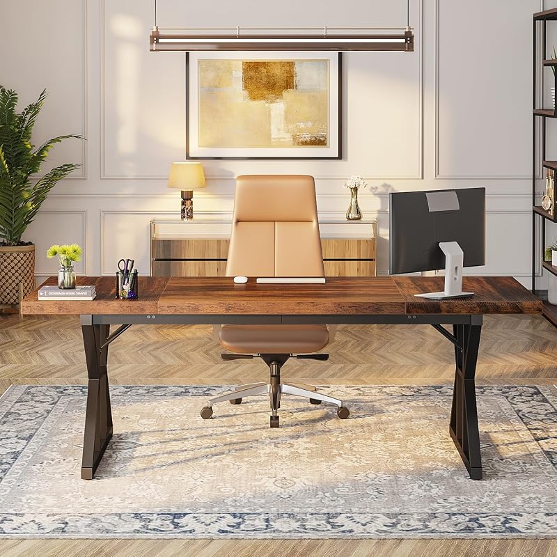 Tribesigns 70.8-Inch Executive Desk, Large Computer Office Desk Workstation, Modern Simple Style Laptop Desk Study Writing Table Business Furniture for Home Office (Brown/Black, 70.8 Inch) image 3
