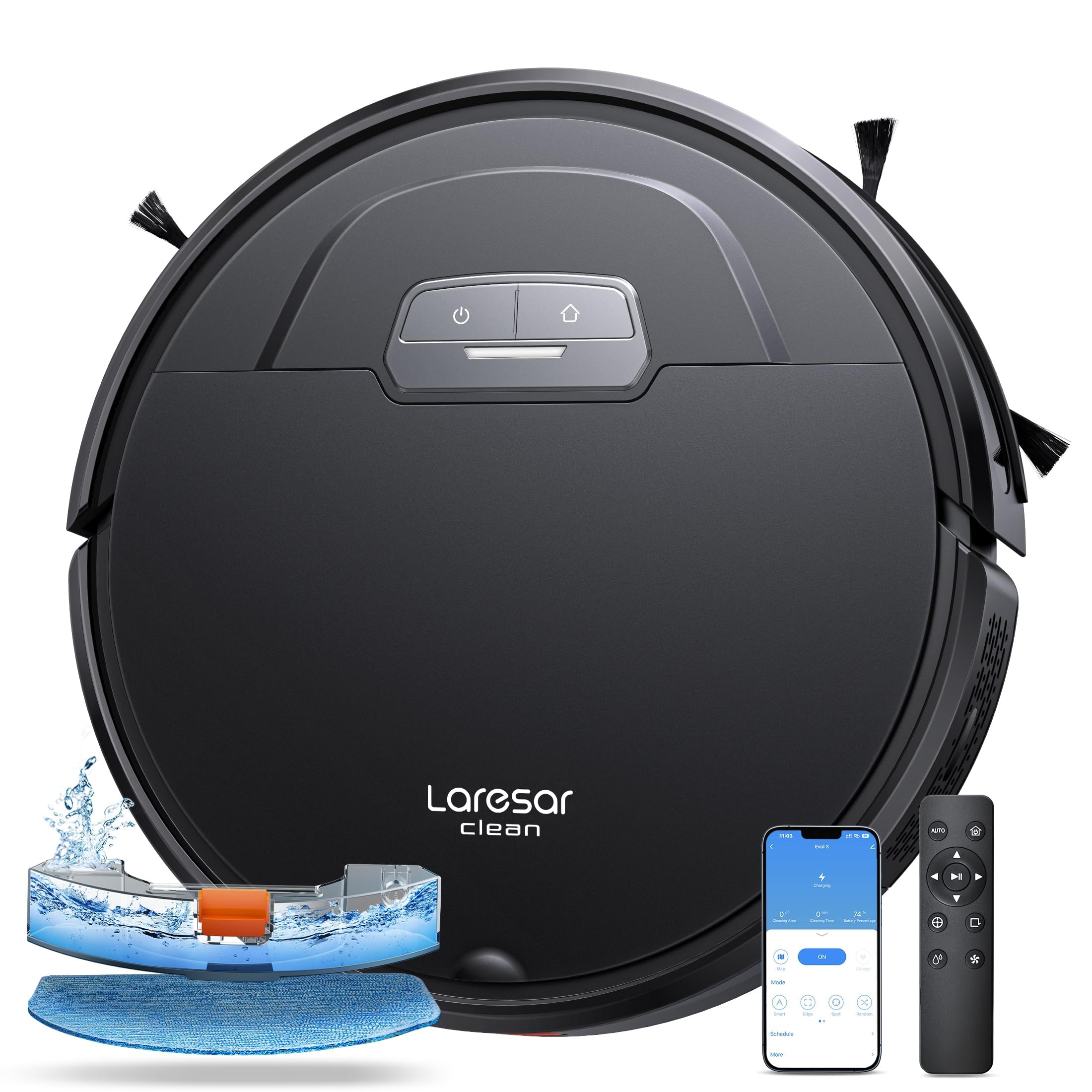 Laresar Clean Evol 3 Aspirador Robot 4500Pa, Robot Aspirador Lavador Ultra Silencioso y Fin de 7,6 cm, Alexa/WiFi/APP/Control remoto, Aspirador Robot Lavador para Alfombras Suelo Duro (Negro)