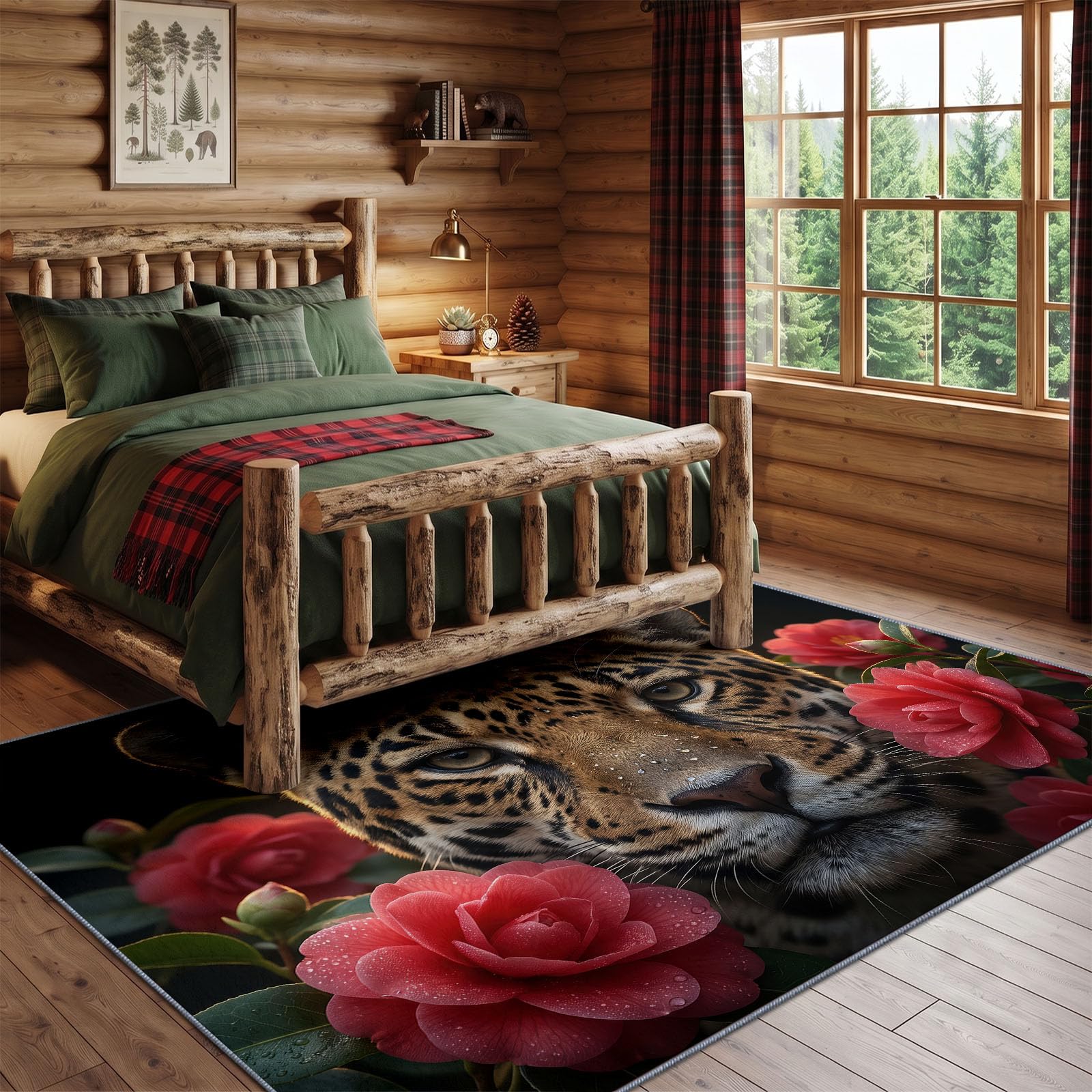 Générique Peinture À l'huile Réaliste Tapis de Salon Lavable en Machine 80 x 150 cm, Tapise antidérapant, Tapis de Chambre Style Guépard Roses Rouges Fleurs Fraîches pour Le Salon, l'entrée, Noir